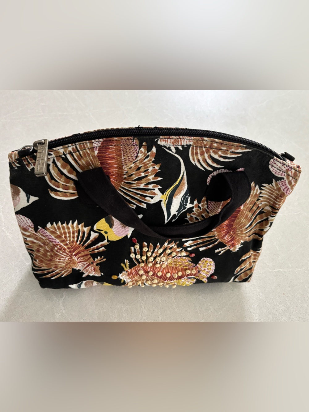 Guy Harvey Mini Beaded Lionfish Canvas Tote Bag Lunch Bag Size Nautical Purse
